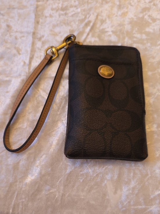 Coach Handbags - Coach NWOT Chic Compact Dark Brown Signature Wristlet Wallet with Tan Strap